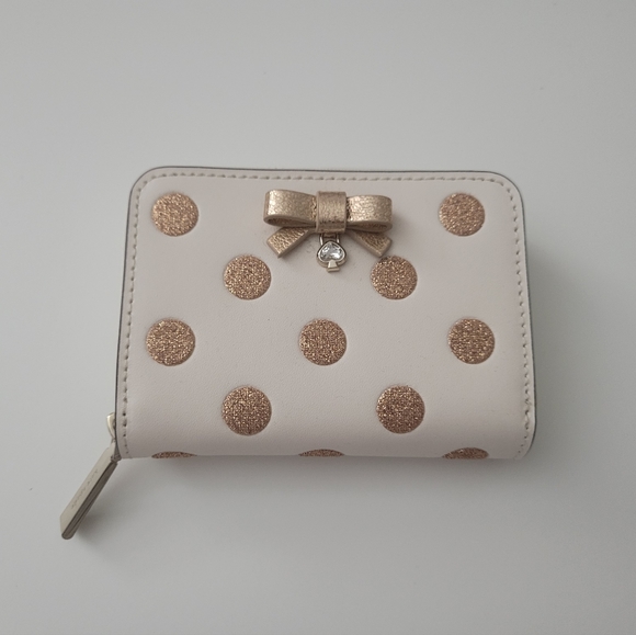 NWT kate spade white crem bow polka dot champagne gold zip around small wallet - Picture 2 of 5